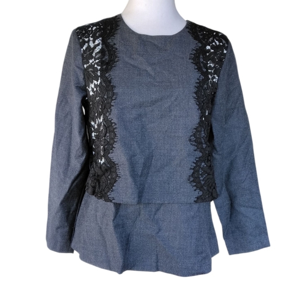 J. Crew Gray Layered Peplum Style Lace Detail Blouse Size 6 NWT